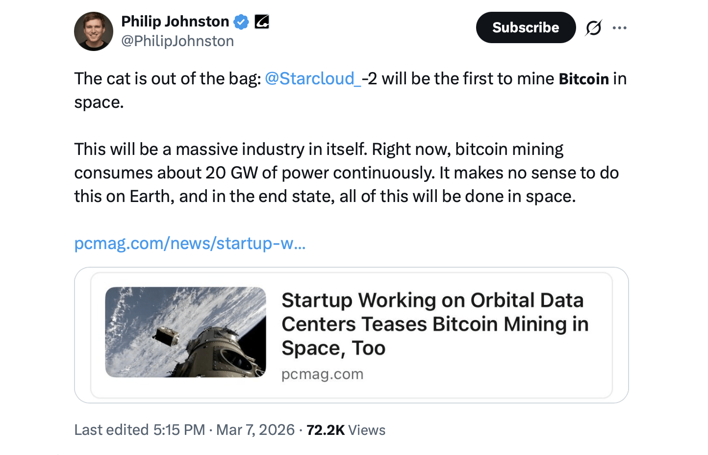 Startup Starcloud Plans First Bitcoin Mining Satellite in Low-Earth Orbit 2