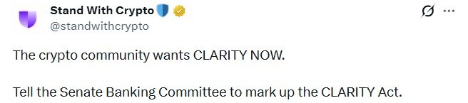 Stand With Crypto Calls for Urgent Senate Action on CLARITY Act 2