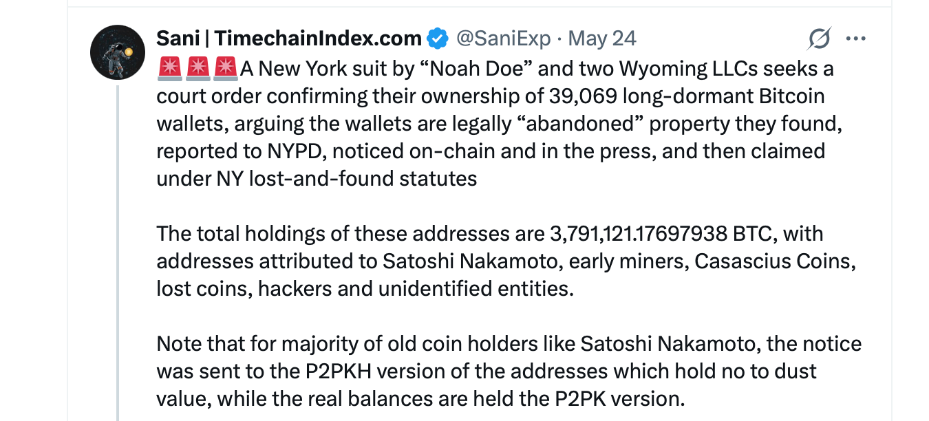 Anonymous Plaintiff Claims $293B Bitcoin Haul, Targets Satoshi's Dormant Wallets in NY Court Case 2