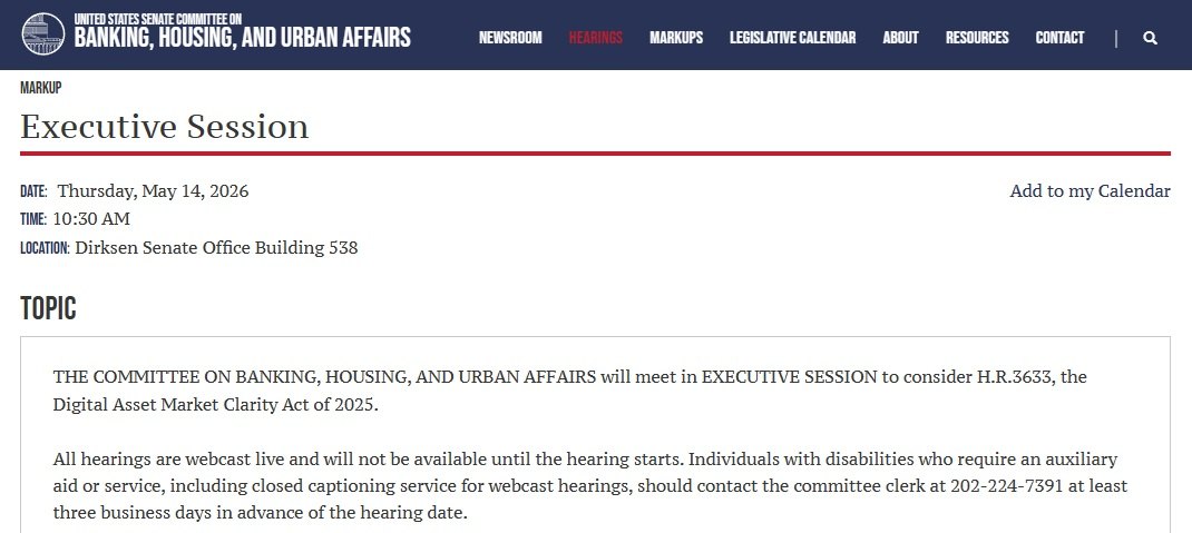 CLARITY Act Markup: Senate Banking Sets May 14 Crypto Rules Session 2
