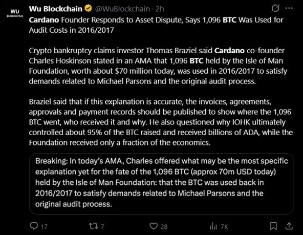 Cardano's Hoskinson Says Disputed 1,096 Bitcoin Funded a 2016 Audit Amid $70 Million Mystery 2