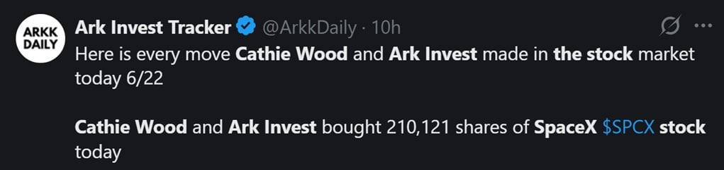 Cathie Wood Buys the SpaceX Dip: Ark Invest Adds $32.5 Million as Stock Tumbles 16% 2