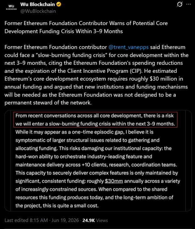 Former Ethereum Foundation Lead Warns Core Developers May Face Funding Shortages in 3-9 Months 2