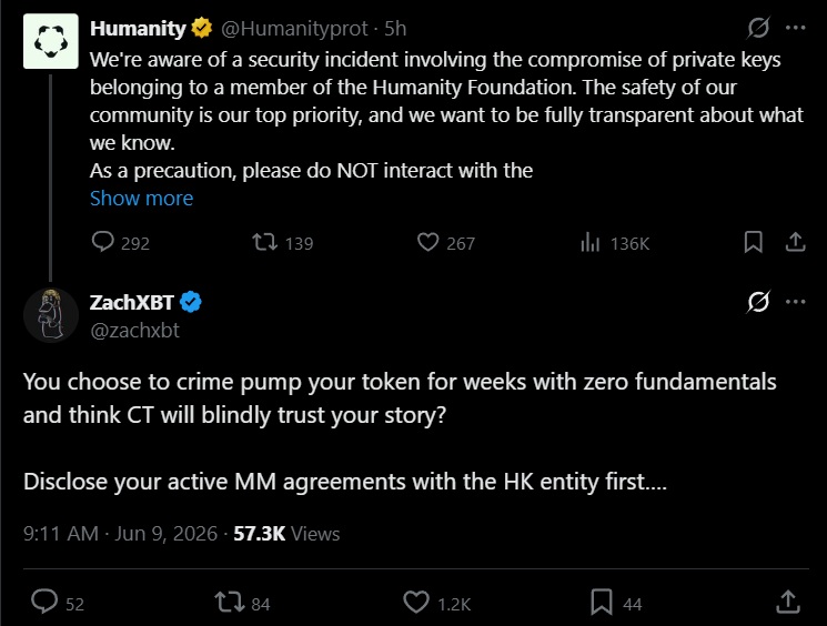 Humanity Protocol pierde $32 millones en un hackeo de clave privada mientras ZachXBT califica el incidente de 'posiblemente montado'. 3