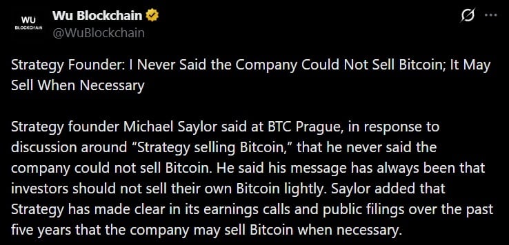 'I Never Said the Company Could Not Sell Bitcoin': Saylor Walks Back 'Never Sell' at BTC Prague 2