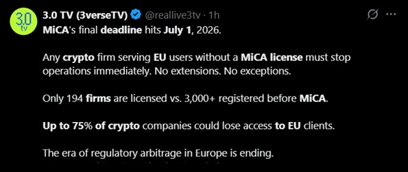 MiCA Deadline Looms: Up to 75% of EU Crypto Firms Risk Losing Their License on July 1 2