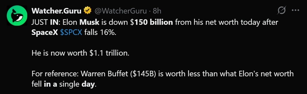 Musk loses $150 billion in a day as SpaceX stock tumbles hard. 2