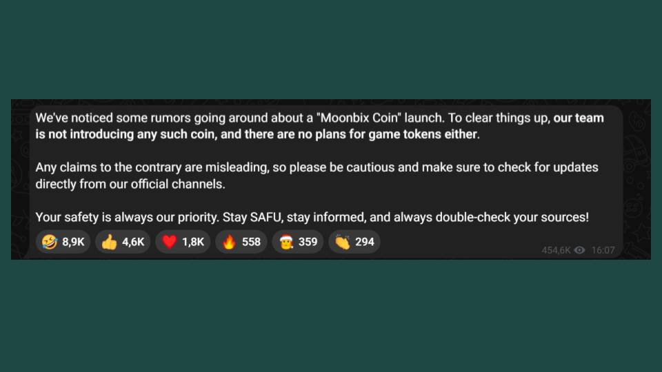 Binance Moonbix clarifies token rumors: no plans for a Moonbix coin. 1