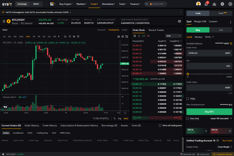 Bybit's trading platform showing BTC/USDT chart and its spot trading features on the right side.