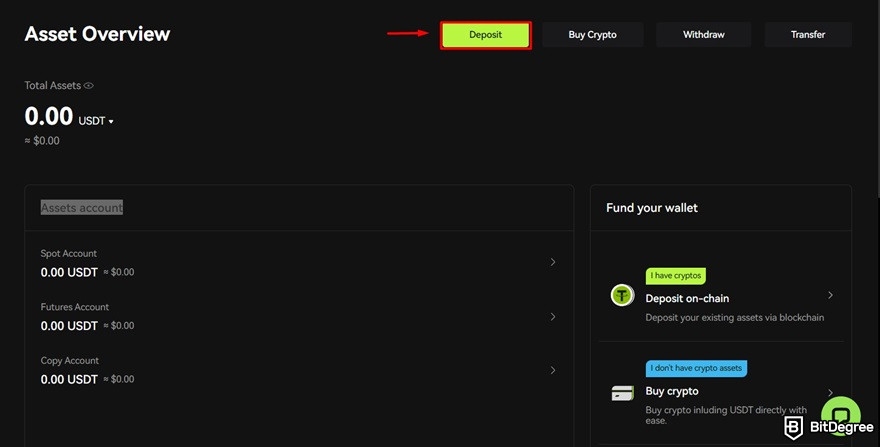 680cf9e9fe670f20249e3ce4_bitunix-review-deposit-button-on-asset-overview Bitunix review: clicking on the Deposit button on the Asset Overview page.