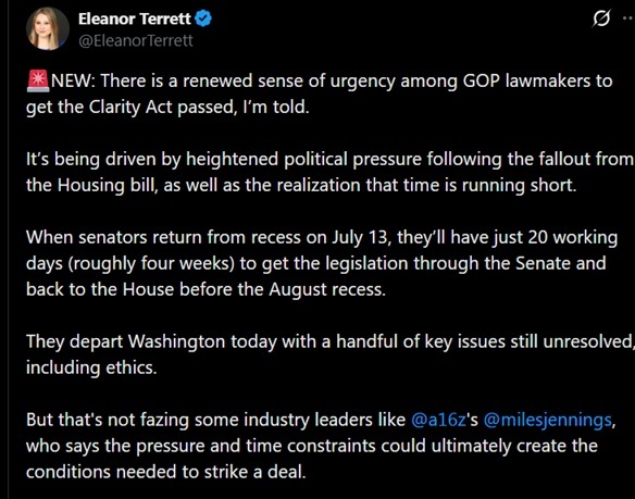 The CLARITY Act needs 60 votes and 7 Democrats as the GOP races against the August recess clock. 2